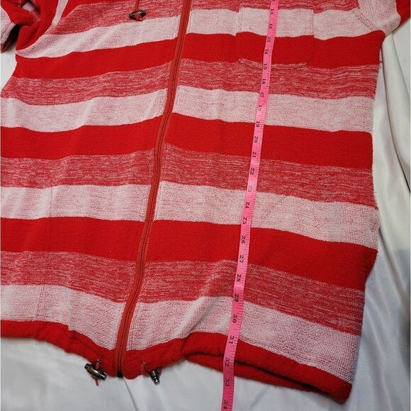 VINTAGE 90s red terry cloth zip up striped oversized hooded beach sweatshirt L - Picture 8 of 8
